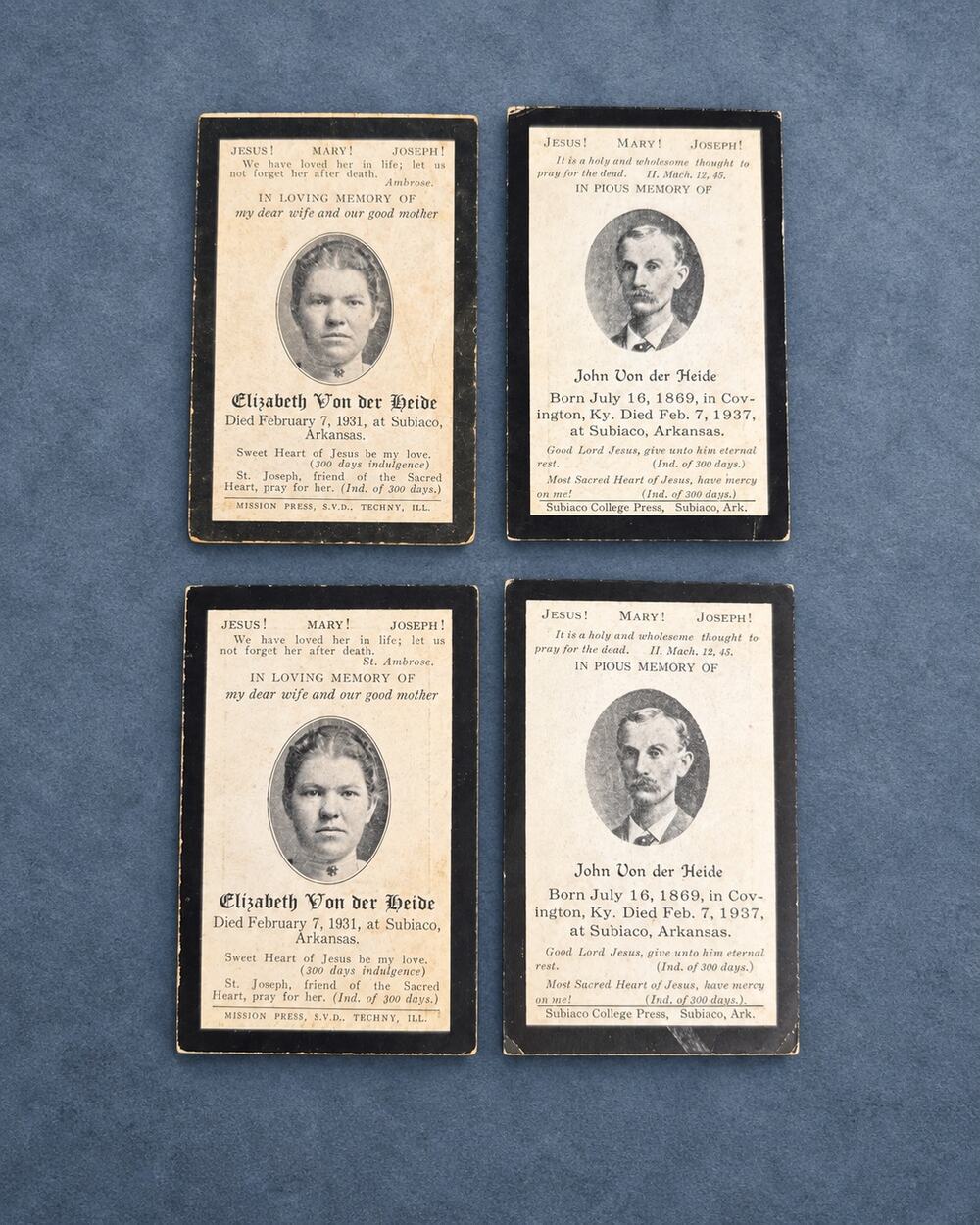 1931 1937 Von der Heide Subiaco Arkansas Catholic Memorial Cards Lot of 4